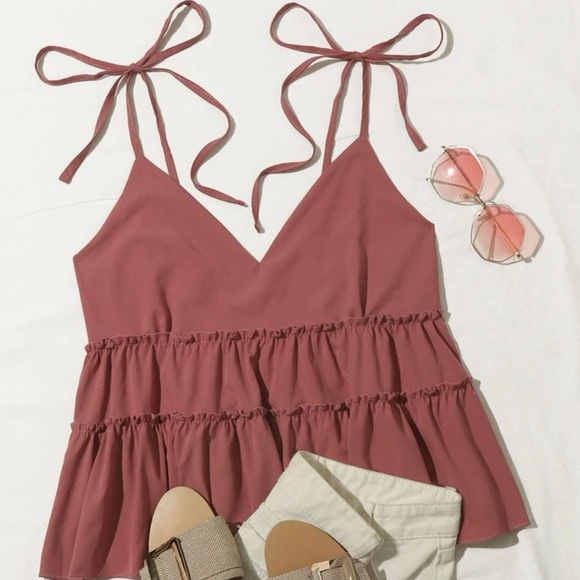 SHEIN | Tops | Tie Shoulder Ruffle Hem Cami Top | Poshmark